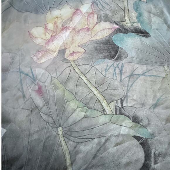 VINTAGE lotus blue green pink floral silky lightweight semi sheer long scarf - Picture 4 of 6